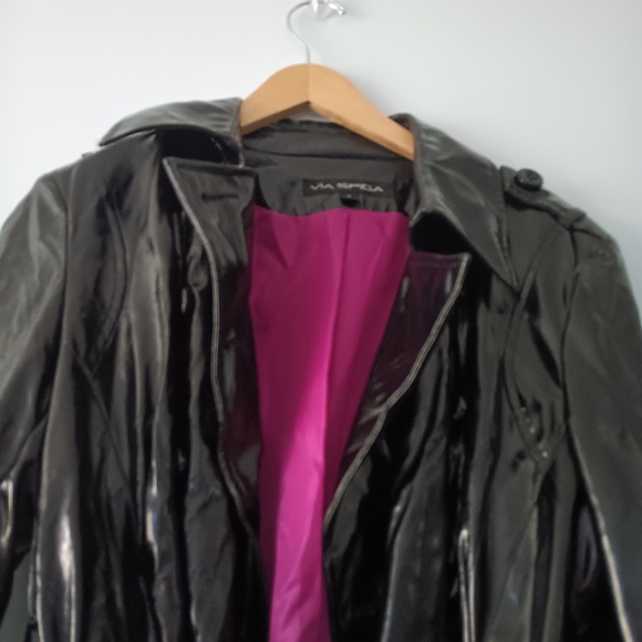 Via Spiga Black Patent Faux Leather Belted Button Front Trench Coat L - Picture 4 of 6